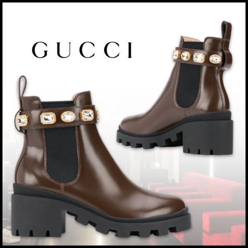 Brown and Black Gucci Leather Ankle Boots With Embellished Belt